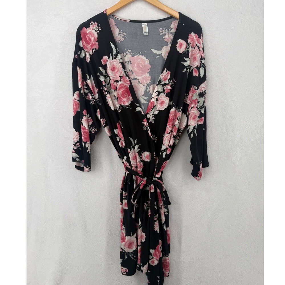 Flora by Flora Nikrooz Robe Womens L Black Pink Floral Wrap Jersey Knit